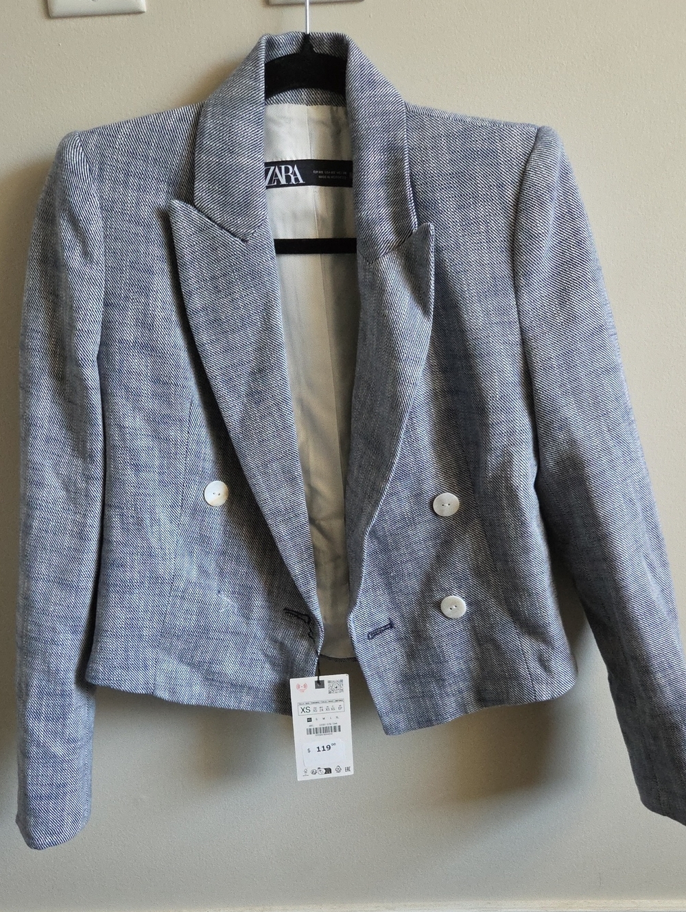 ZARA Light Gray Cropped Double-Breasted Blazer